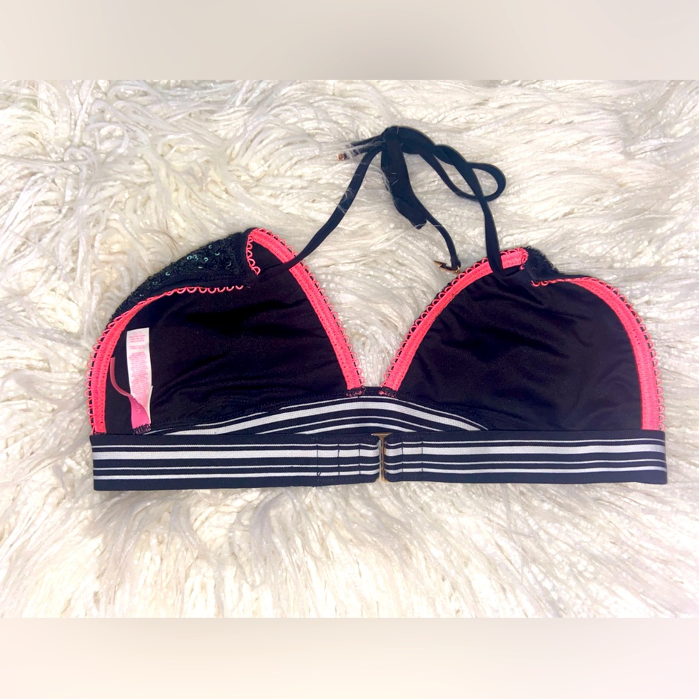 Victoria's Secret Black Sequin Bikini Top with Pink Trim - Picture 2 of 5